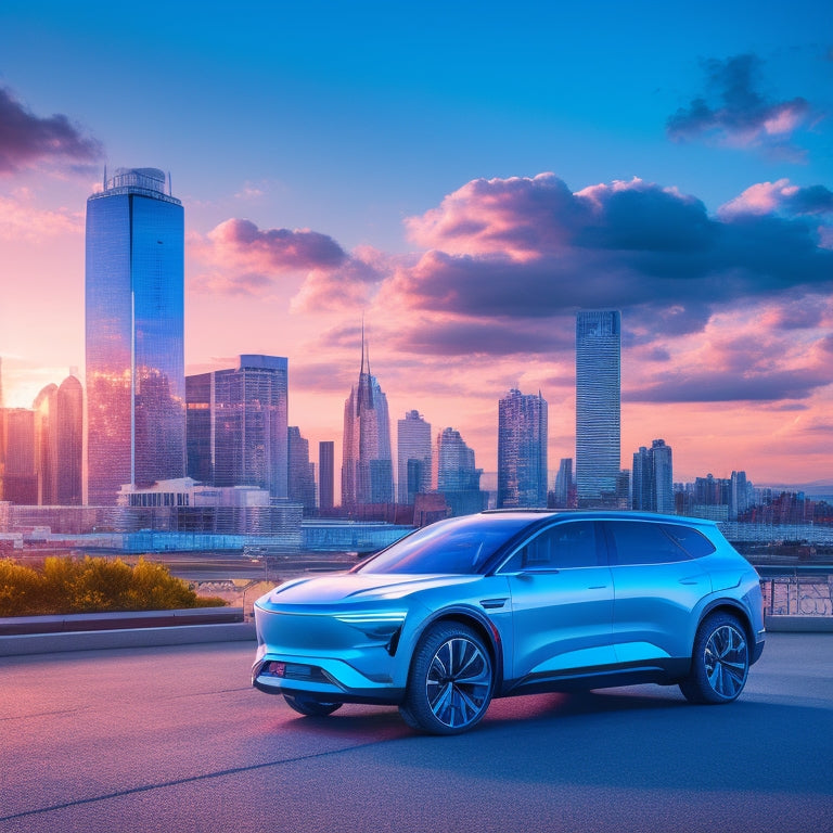 A futuristic, sleek electric SUV with glowing blue accents, set against a cityscape with charging stations and neon lights, amidst a backdrop of a sunny sky with fluffy white clouds.