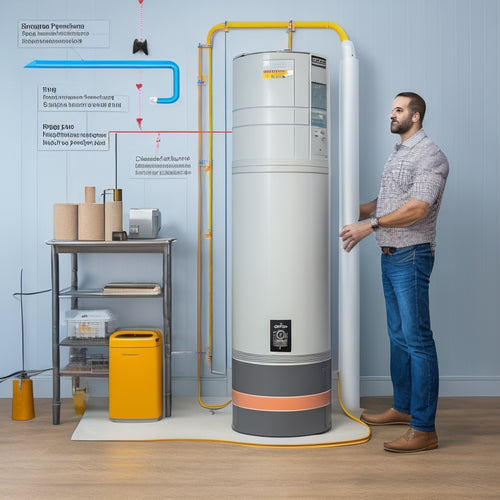 An illustration of a person standing in front of a large, modern heat pump water heater, surrounded by measuring tapes, calculators, and notes, with arrows and dashed lines indicating measurements and comparisons.