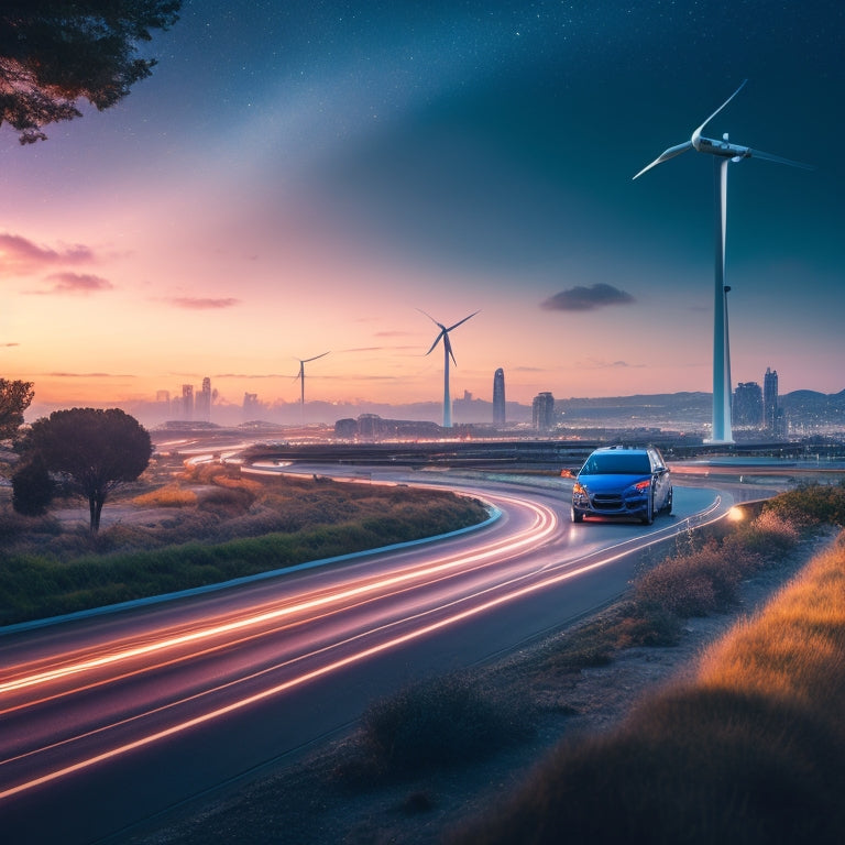 A futuristic cityscape at dusk with sleek, electric cars zooming by, surrounded by vibrant greenery, with wind turbines and solar panels in the background, under a radiant, starry night sky.