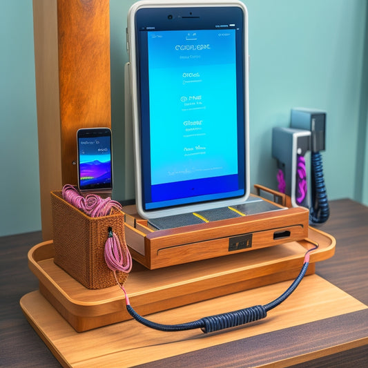 An image of a sleek, modern charging station with interchangeable wooden or acrylic signs displaying various personalized messages, surrounded by neatly organized cords and devices.