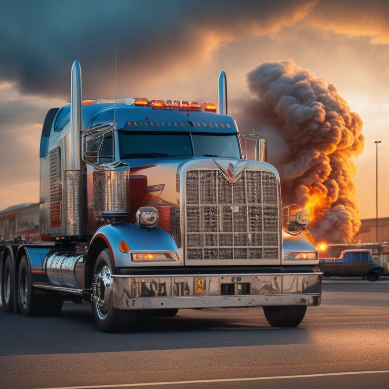 An illustration of a large, imposing 18-wheel semi-truck with a worried expression on the front grille, surrounded by rising flames and dollar signs, with a faint diesel pump in the background.