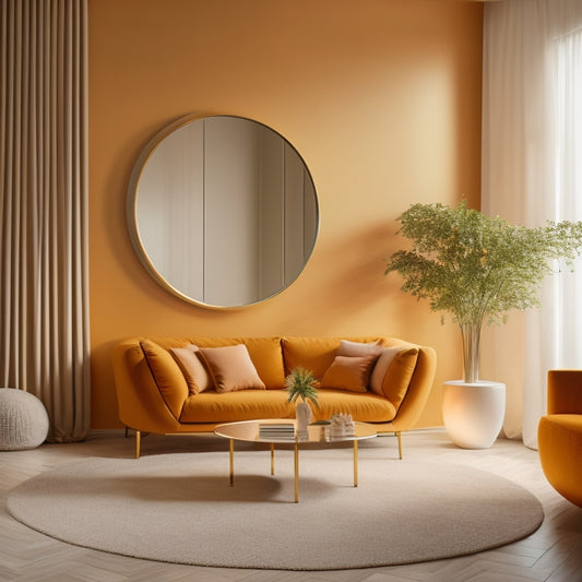 A minimalist living room with a large, circular, gold-framed mirror resembling a sun, surrounded by abstract, curved, and swirling patterns in shades of orange, yellow, and cream.