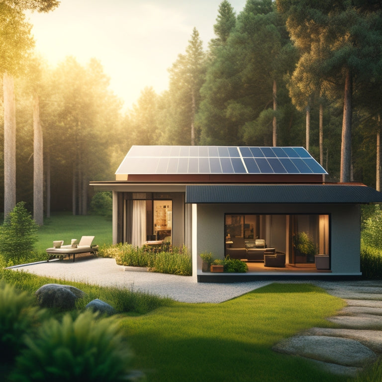 An illustration of a modern, eco-friendly home with a prominent display of a solar-powered hot water system on the roof, surrounded by lush greenery and a subtle background of a serene natural landscape.