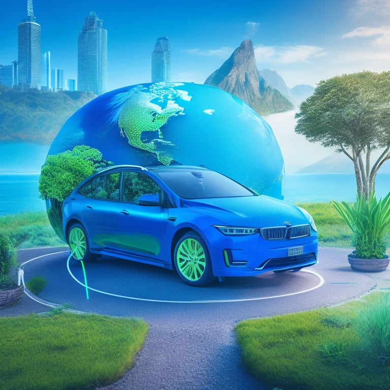 An illustration of a globe with electric vehicles and charging stations scattered across the continents, surrounded by rising graphs and growing plants, with a bright blue and green color scheme.