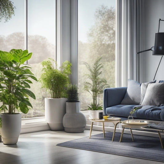 A modern, sleek living room with a solar-powered vacuum cleaner, a cordless mop, and a robotic window cleaner, all placed on a minimalist shelf, surrounded by a few potted plants and a large window.