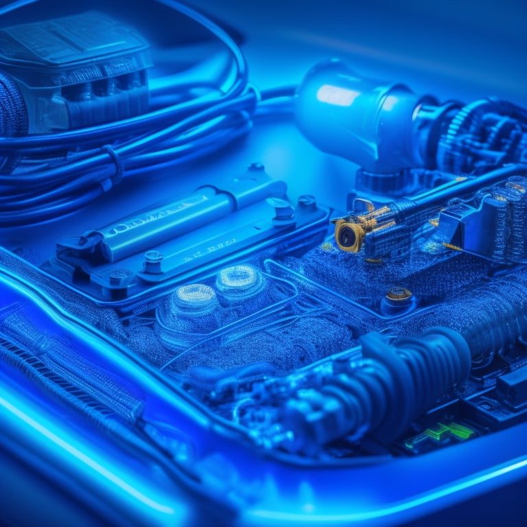 An illustration of a car's intricate electrical system, with glowing blue wires, spark plugs, and batteries, surrounded by open car repair manuals, with a subtle sparkle effect to convey knowledge and expertise.