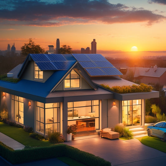 An illustration of a home with a rooftop solar panel array and a battery storage system in the garage, with a subtle green glow surrounding the battery, amidst a cityscape at sunset.