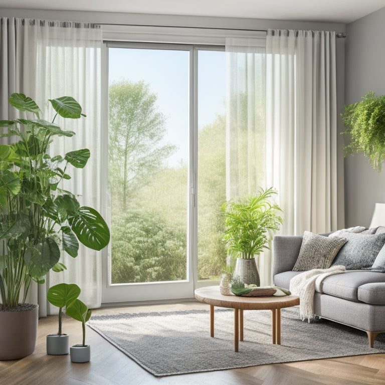 A modern, bright living room with energy-saving French doors featuring built-in blinds in a light gray frame, surrounded by sheer white curtains, and a lush green indoor plant in the corner.