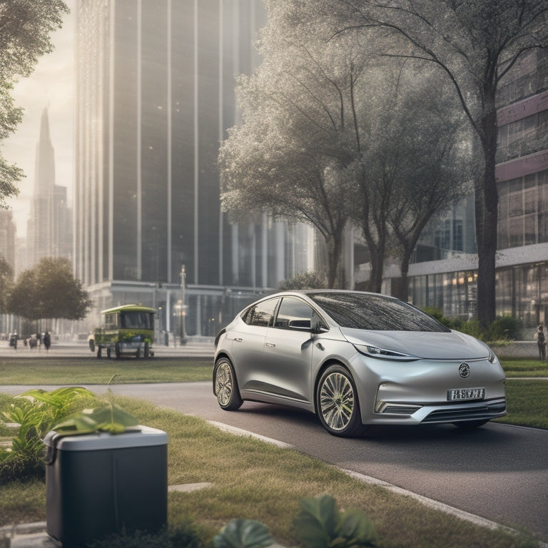 A stylized illustration of a sleek, silver electric car parked in front of a green cityscape with a subtle money bag and a few leaves surrounding it, conveying eco-friendliness and savings.