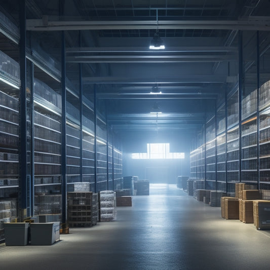 A futuristic, dimly lit warehouse with rows of shelves stocked with various commercial vehicles and inverters, spotlight shining down on a central table with different inverter models on display.