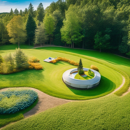 An aerial view of a modern, eco-friendly home with a lush green lawn, surrounded by trees, featuring a subtle, curved geothermal piping system and a sleek, silver heat pump unit.