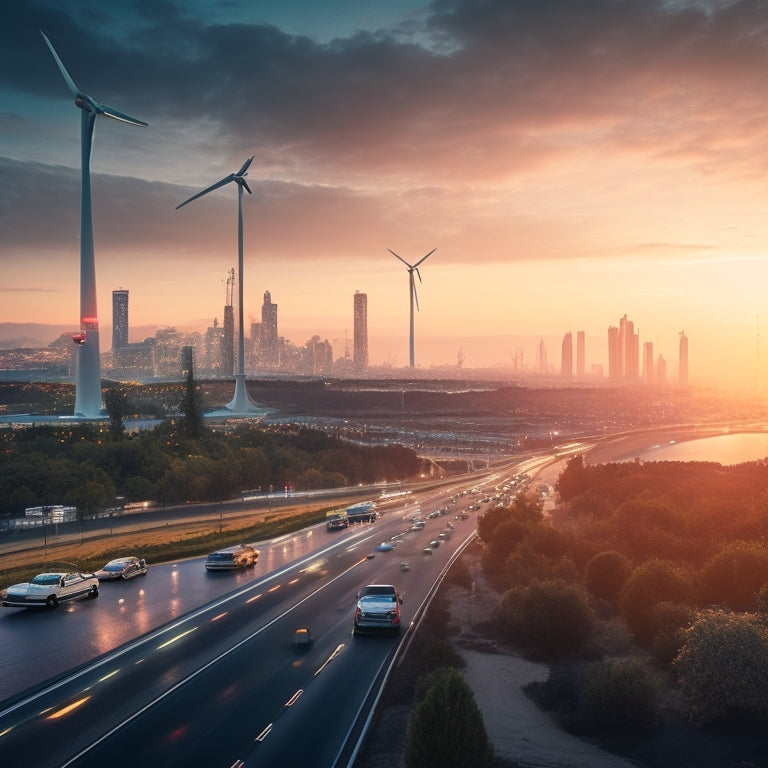 A futuristic cityscape at dusk with sleek, eco-friendly electric vehicles of various brands and models zipping by, amidst a backdrop of wind turbines, solar panels, and a pollution-free atmosphere.