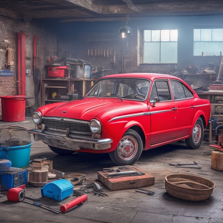 A worn, red Ford Focus parked on a cluttered garage floor, surrounded by scattered tools and a partially disassembled engine, with a well-worn Haynes repair manual lying open on a nearby workbench.