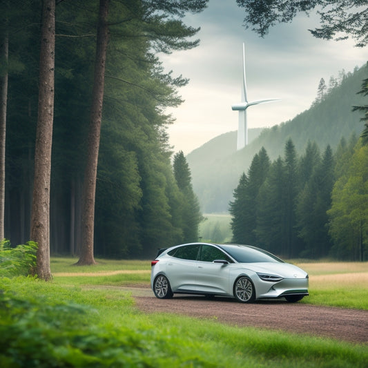 A serene landscape featuring a sleek, silver electric vehicle parked in front of a lush, green forest, with a subtle mist of clean air surrounding it, and a faint outline of a wind turbine in the distance.