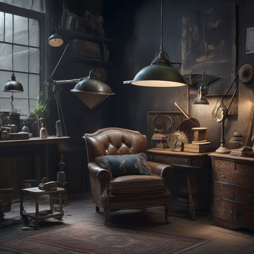 A cluttered, dimly lit room with old, worn-out furniture; in the center, a refurbished vintage armchair with a sleek, modern lamp, surrounded by scattered tools and eco-friendly materials.