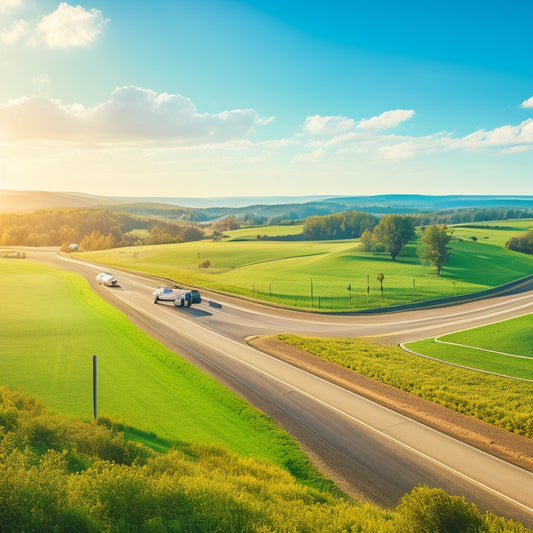 A serene landscape with a winding road, a few EVs driving in the distance, and a subtle grid of solar panels and wind turbines in the background, surrounded by lush greenery and a bright blue sky.
