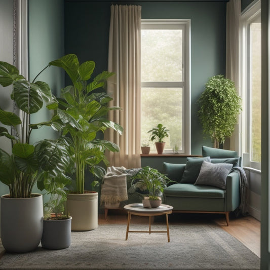 A serene living room with a lush green wall, a large window with closed curtains, a smart thermostat, and a few potted plants, illuminated by soft natural light and a single floor lamp.