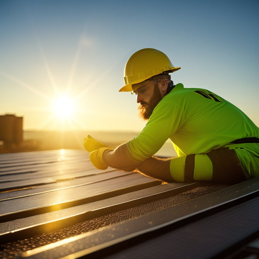 A close-up of a person wearing a yellow hard hat and gloves, holding a solar panel, with a ladder and rooftops blurred in the background, sunlight casting a warm glow.