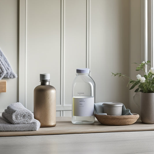 A serene, minimalist interior scene featuring a few, carefully selected, eco-friendly cleaning supplies in muted colors, arranged artfully on a reclaimed wood shelf against a soft, natural light backdrop.