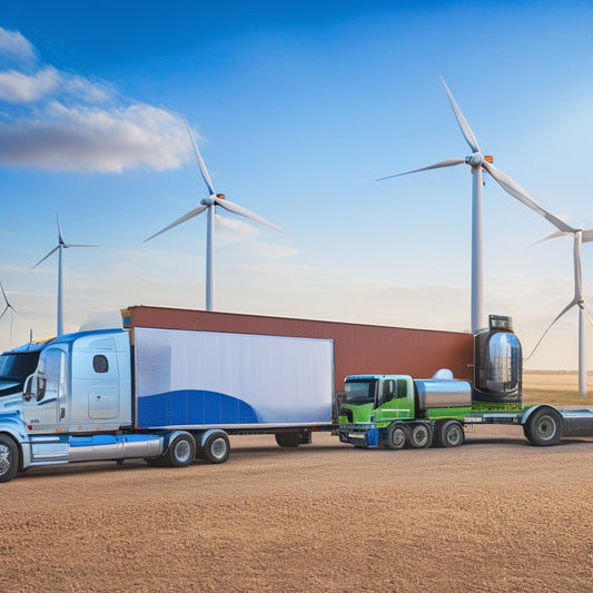 An illustration of a semi-truck parked in front of a wind turbine, with a laptop and tablet nearby, surrounded by solar panels, batteries, and other renewable energy equipment.