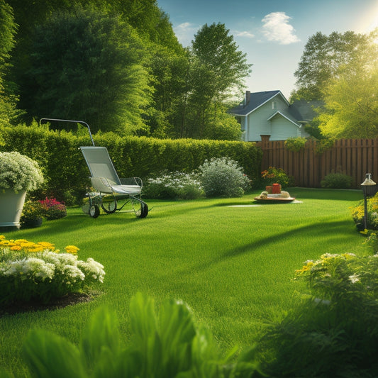An illustration of a serene, sunny backyard with a lush green lawn, featuring an electric lawn mower and an earth-conscious fertilizer spreader in the foreground, surrounded by blooming flowers and trees.