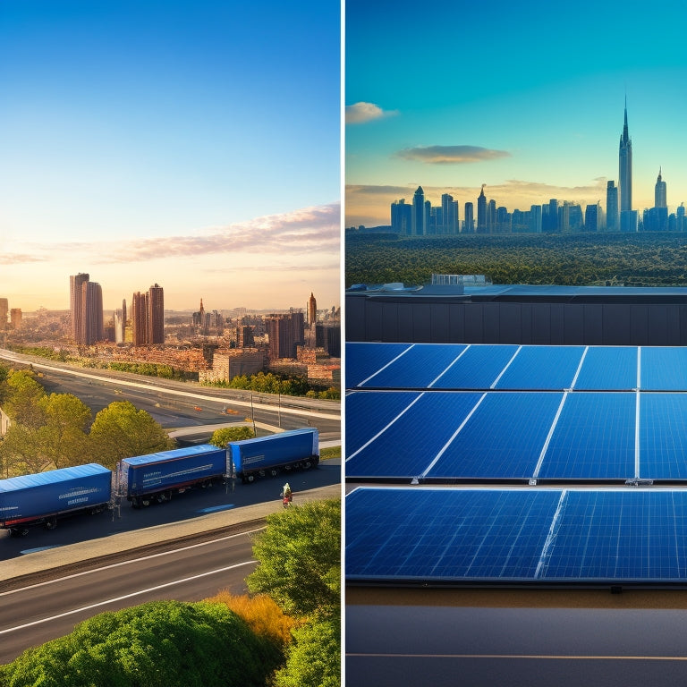 A split-screen image with a semi-truck on the left, its roof covered in sleek black solar panels, and a cityscape on the right, featuring varying building heights and rooftops with different solar panel installations.