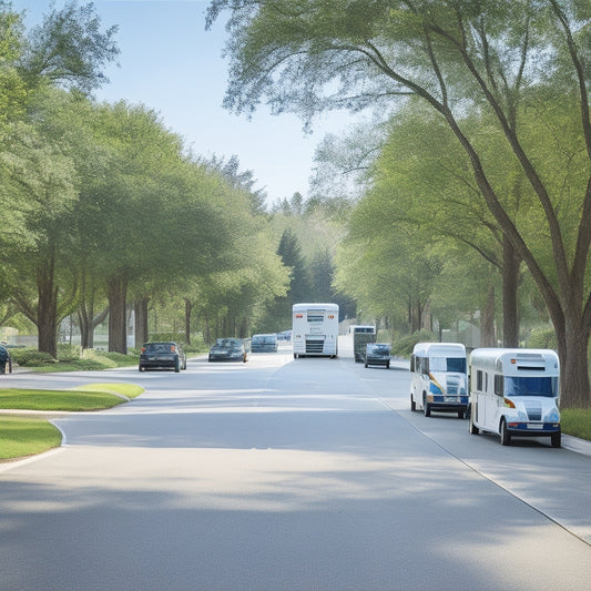 A serene, sunny street scene featuring a row of sleek, white, electric USPS mail trucks with bright blue accents, surrounded by lush greenery and a few pedestrians in the distance.
