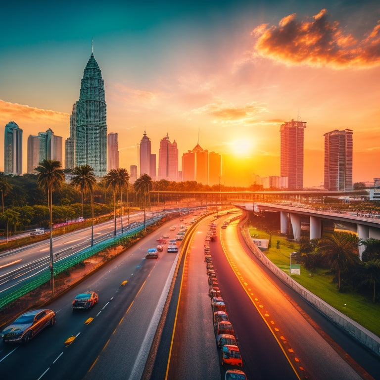 A futuristic highway in Malaysia at sunset, with sleek electric vehicles zooming past, surrounded by city skyscrapers and palm trees, with a subtle Malaysian flag pattern in the sky.