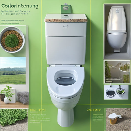 A split-screen image featuring a well-maintained composting toilet in a modern bathroom on one side, and a detailed illustration of its internal components, including the carbon filter, urine diverter, and composting chamber, on the other.