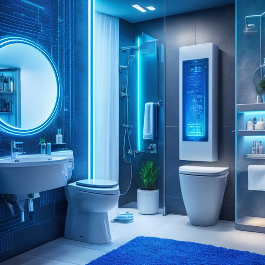 A futuristic illustration of a sleek, modern bathroom with a low-flow showerhead, a touchless faucet, and a smart toilet with a digital display, set against a backdrop of circuit boards and wires.