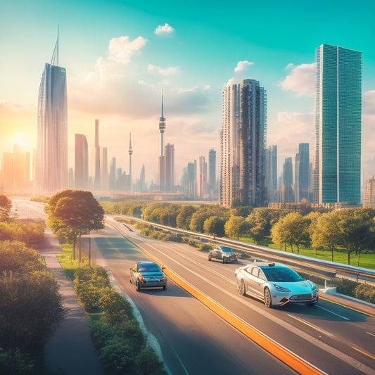 A futuristic cityscape with sleek, silver electric vehicles zooming by, amidst a backdrop of towering skyscrapers and verdant green spaces, with a subtle glow of charging stations and wind turbines.