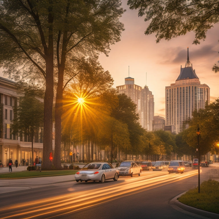 A serene, futuristic streetscape of Fort Wayne's downtown area at dusk, featuring sleek, silver electric vehicles gliding silently along a tree-lined road, surrounded by gleaming skyscrapers and vibrant greenery.