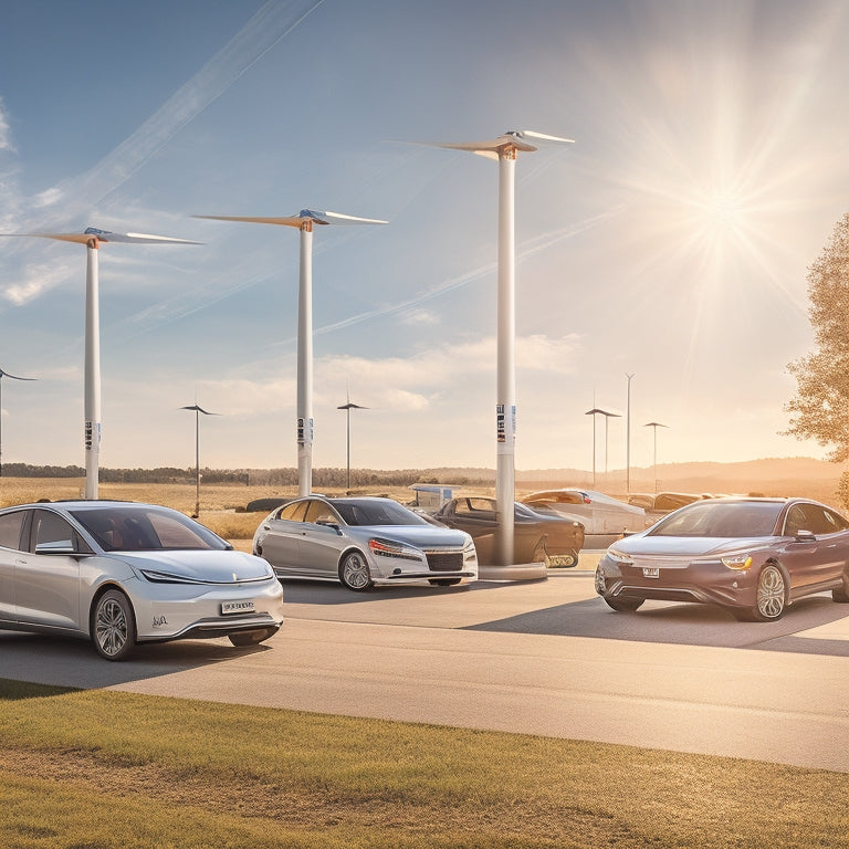 An illustration of a fleet of electric vehicles plugged into a charging station with a large, sleek, and modern inverter system in the background, surrounded by solar panels and a sunny sky.