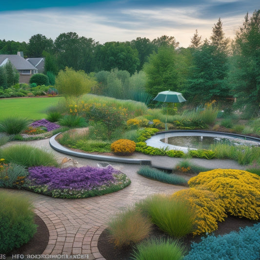 A serene, curved rain garden in a suburban setting, with lush greenery and a meandering path, surrounded by modern homes with rooftop gardens and greywater pipes visible beneath.
