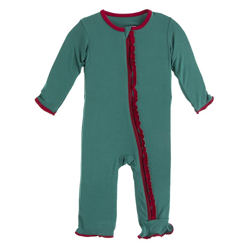 Ivy with Crimson Solid Muffin Ruffle Coverall with Zipper