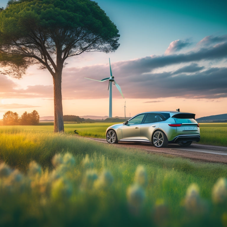 A serene landscape with a sleek, silver electric car parked in front of a wind turbine, surrounded by lush greenery, with a faint, glowing green aura radiating from the vehicle.