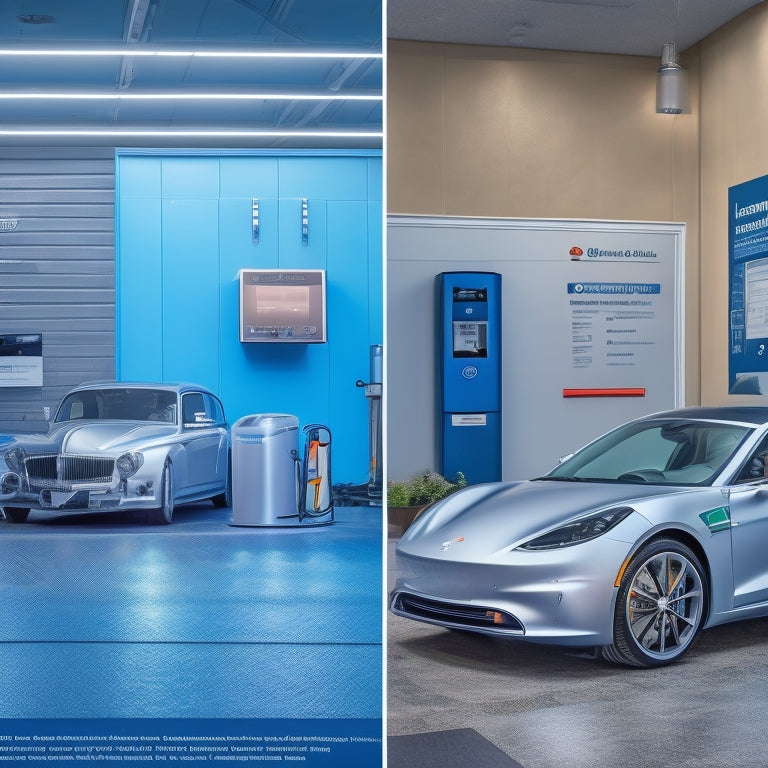 A split-screen image featuring a sleek, silver electric vehicle parked in a modern garage on one side, and a detailed, colorful infographic with charging symbols, battery percentages, and dollar signs on the other.