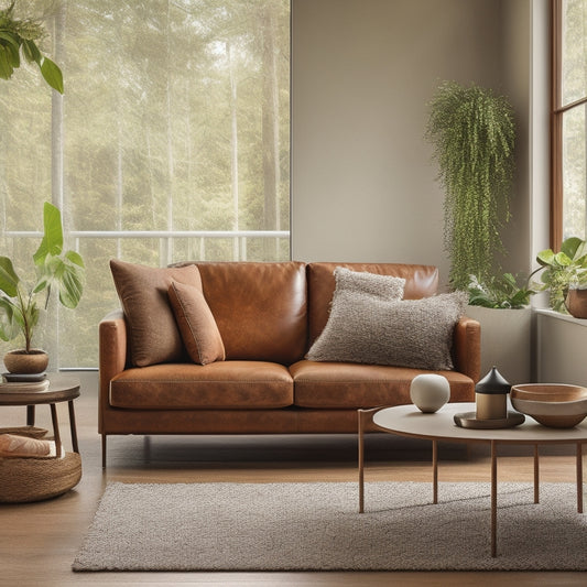A warm, minimalist living room with a plush, mushroom-toned couch upholstered in a sustainable, textured leather alternative, surrounded by lush greenery and accented with natural wood and woven fibers.