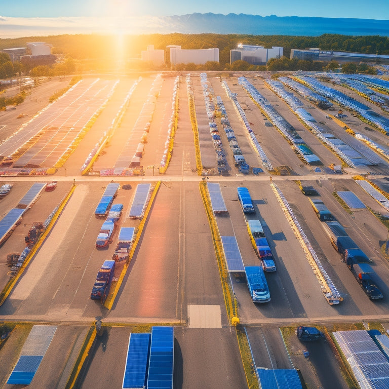 An aerial view of a commercial fleet of vehicles, such as trucks or vans, parked in a large parking lot with solar panels installed on the roofs, surrounded by a bustling cityscape in the background.