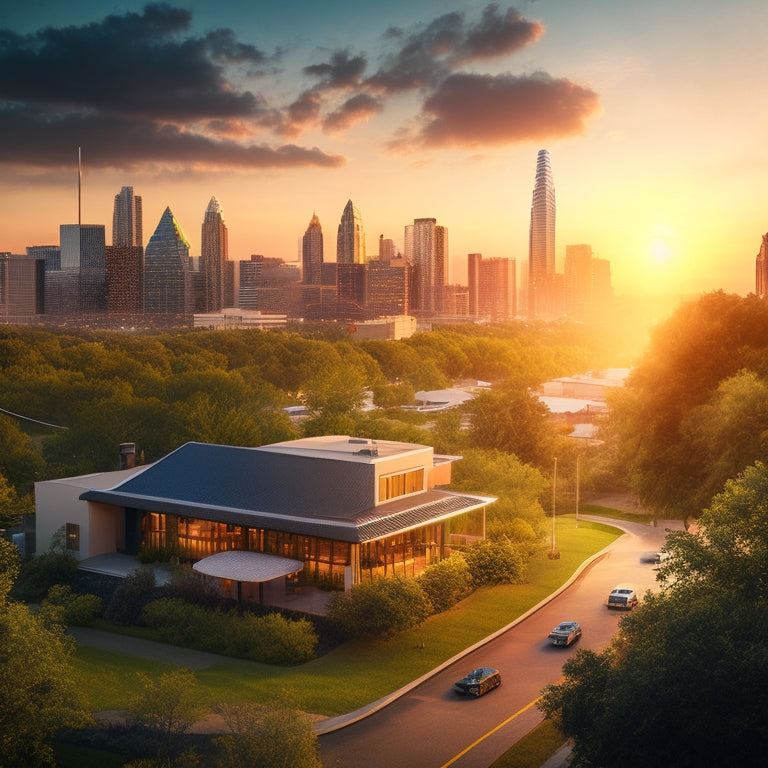 An illustration of a stylized Austin cityscape at sunset, with buildings and homes powered by glowing green energy lines, surrounded by lush greenery and a bright, sunny sky.