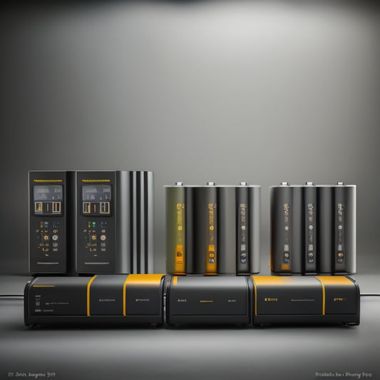 A split-screen illustration featuring six home battery systems, each with a unique design and size, arranged in a staggered formation, with capacity indicators (e.g., percentage bars, gauges) and varying battery levels.