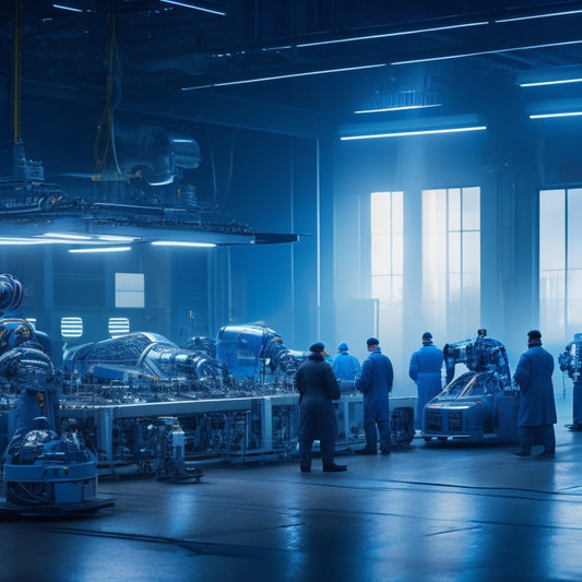 A futuristic factory backdrop with sleek, silver EVs in various stages of assembly, surrounded by robots and technicians in white coats, with electric sparks and glowing blue circuits.