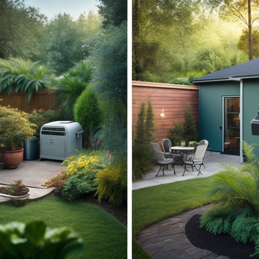 An illustrated split-screen comparison: a serene, lush backyard with a subtle geothermal system installation versus a cluttered, industrial-looking yard with traditional HVAC equipment.