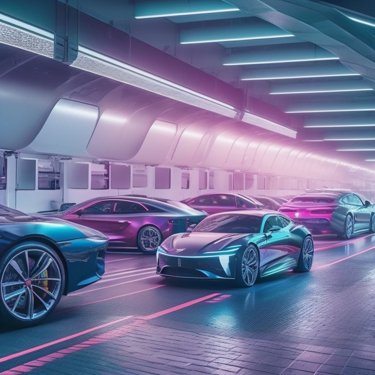 A futuristic, high-tech garage background with rows of sleek, shiny cars in various colors, surrounded by holographic car profiles and digital screens displaying endless listings.