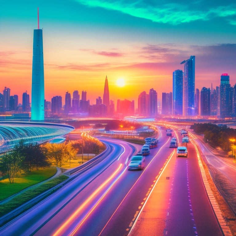 A futuristic cityscape at dusk with sleek, silver electric vehicles zooming by, surrounded by neon-lit skyscrapers, wind turbines, and vibrant greenery, evoking a sense of innovation and sustainability.