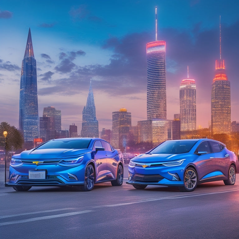 A futuristic cityscape at dusk with sleek, glowing Chevrolet electric vehicles, including a silver Bolt EUV and a blue Blazer EV, parked in front of a neon-lit cityscape with electric circuits and wires.