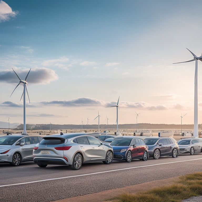 A serene landscape with a fleet of electric vehicles parked in a row, connected to sleek, modern charging stations powered by wind turbines and solar panels in the background.