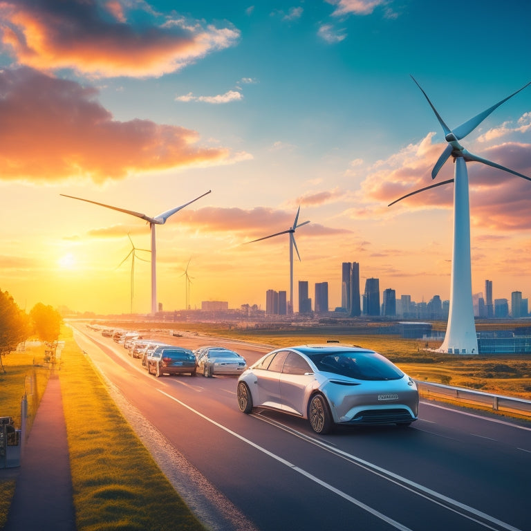 A futuristic cityscape at sunset with sleek, electric vehicles of varying colors and models zipping by, amidst wind turbines and solar panels, with a bright blue sky and fluffy white clouds.