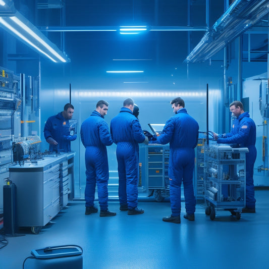A futuristic, high-tech garage with electric vehicles on lifts, surrounded by technicians in blue jumpsuits, wielding tablets and diagnostic tools, amidst a backdrop of digital screens and glowing circuit boards.