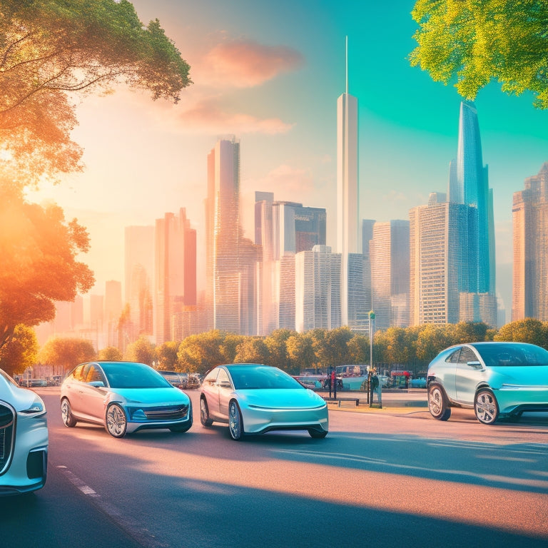 A futuristic cityscape with sleek, electric vehicles parked in a row, plugged into charging stations, surrounded by lush greenery and a blurred background of city life in motion.